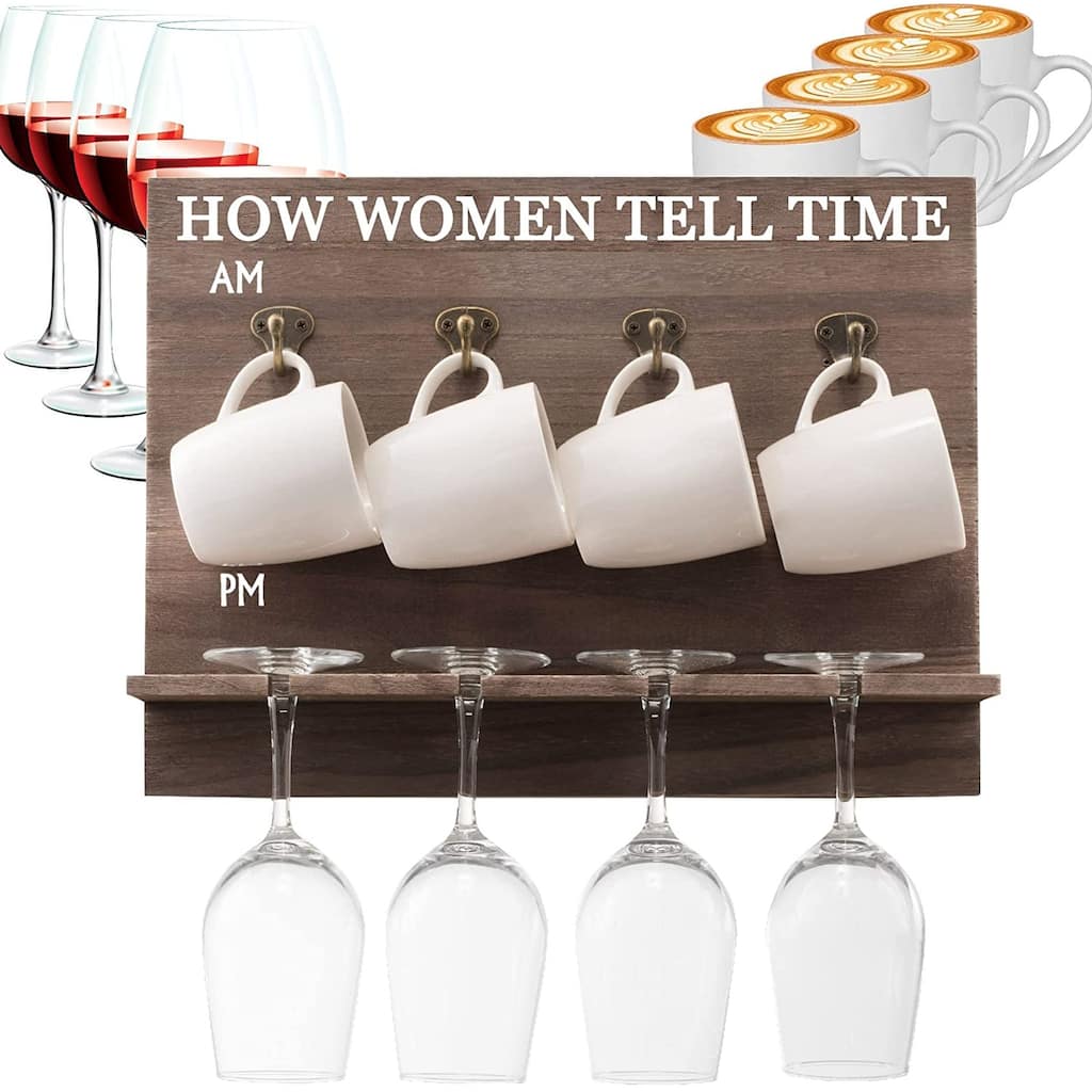 "How Mom Tells Time" Wall Mounted Wine Rack - Unique Funny Wine Gift for Her -4 Wine Glasses, and Mugs Included