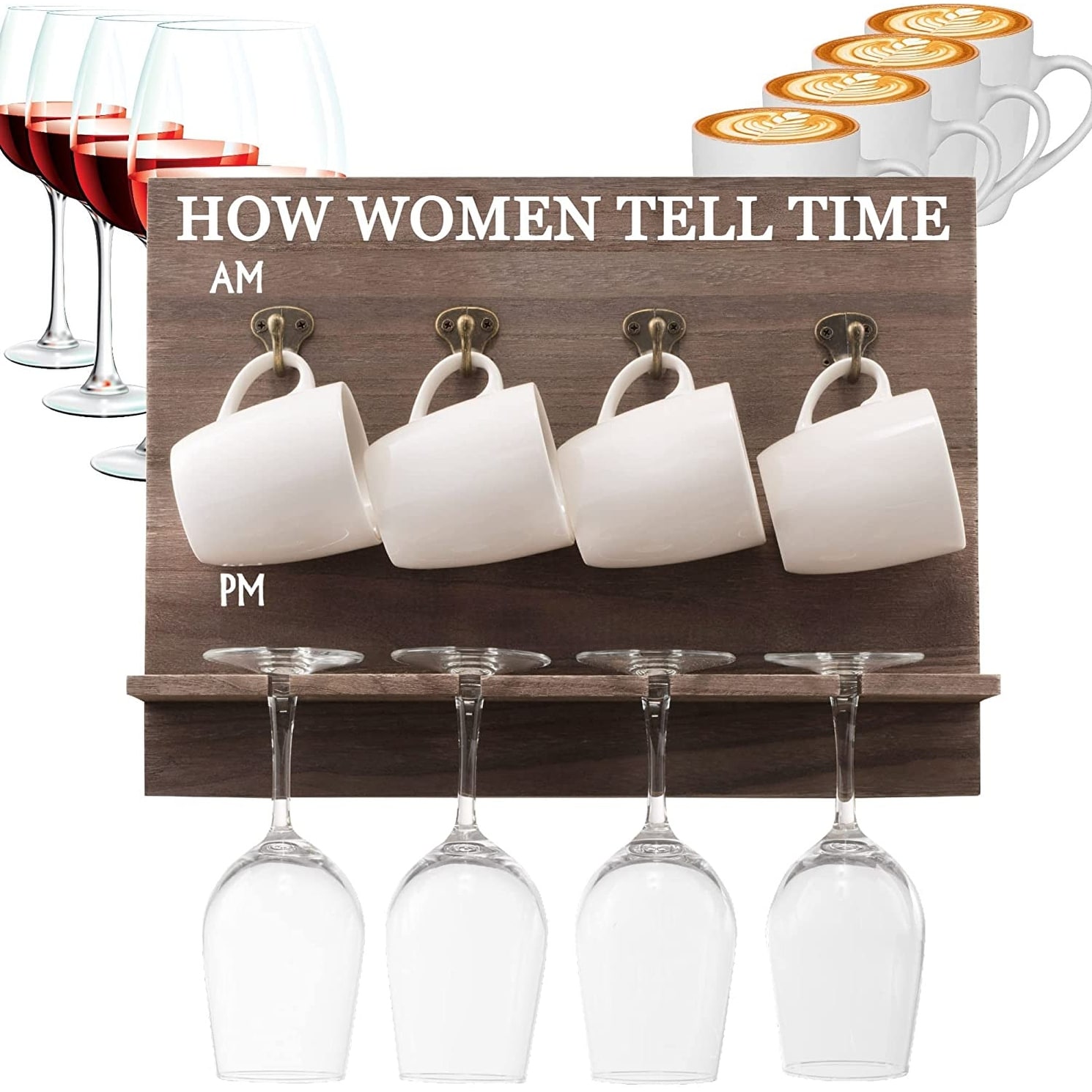 "How Mom Tells Time" Wall Mounted Wine Rack - Unique Funny Wine Gift for Her -4 Wine Glasses, and Mugs Included