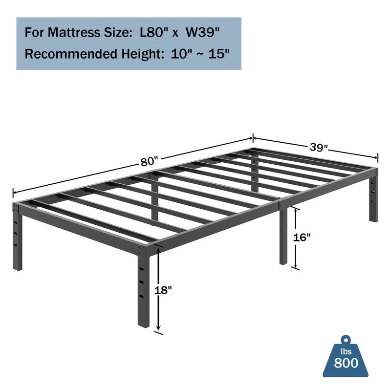 18 Inch Heavy Duty Bed Frame, No Box Spring Needed, Noise Free