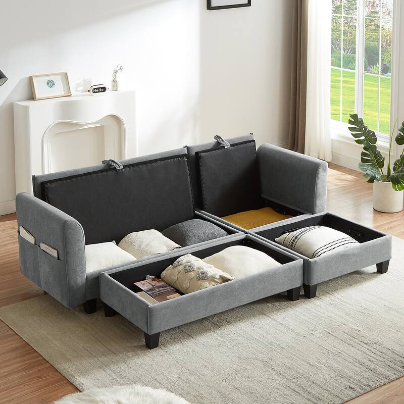 83" L-shaped Sectional Sofa with Storage, Ottoman, Pillows, Grey Chenille for Living Room