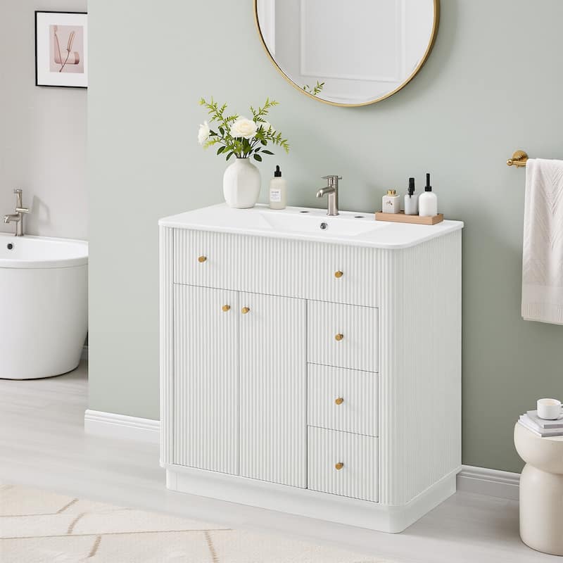 36" Modern Fluted Bathroom Vanity with Sink, Washstand for Kitchen - White