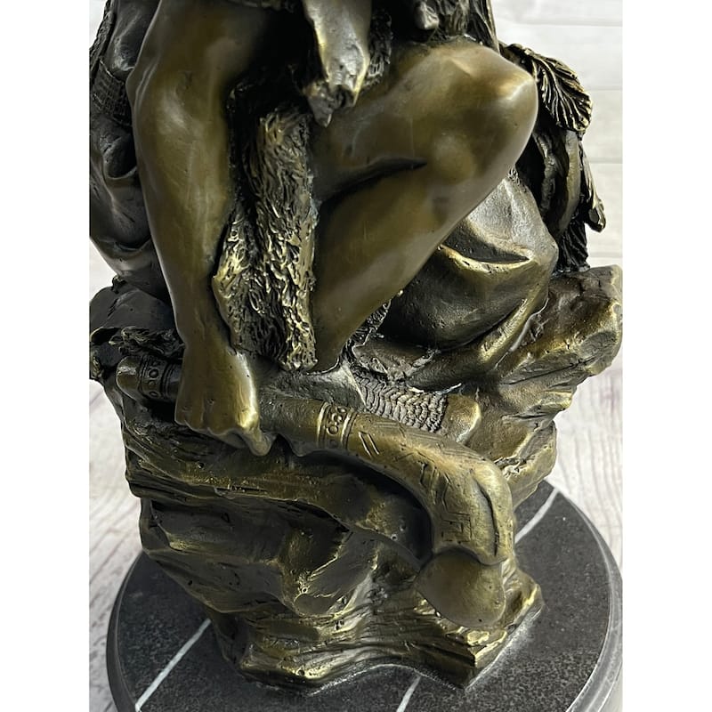 Native American Indian Warrior Squatting On Rock Bronze Sculpture Statue Marble Base