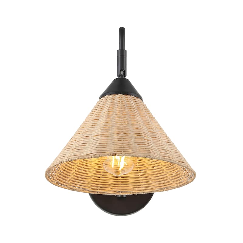 Lily 11" 1-Light Vintage Coastal Rattan/Metal Swing Arm LED Sconce, Black/Natural, by JONATHAN Y