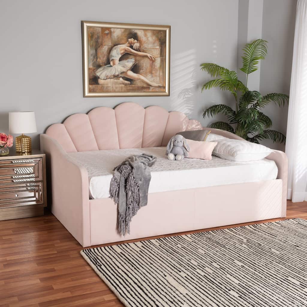 Velvet Daybed Queen Size - Upholstered Bed Frame, Light Pink, Rustic Chic Design