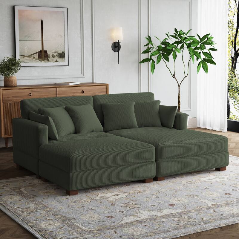 Sectional Sofa Set Modular Couch with Ottomans - Green Set/4 Pillows - Symmetrical