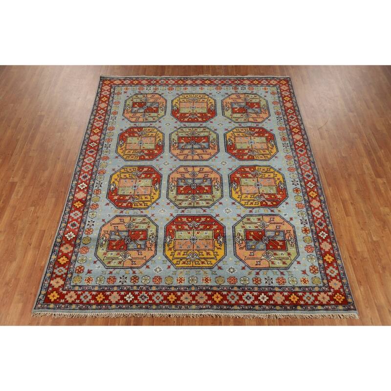 Geometric Blue Khotan Indian Area Rug Handmade Wool Carpet - 7'11"x 9'10"