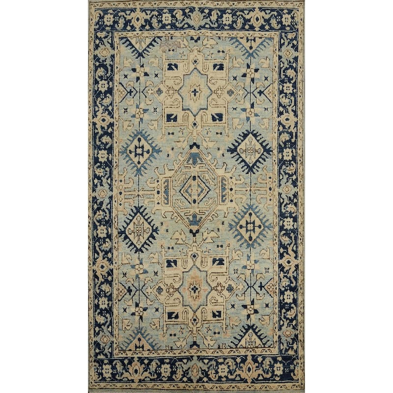Hand Knotted Oriental Wool Carpet Transitional All-Over Navy Blue & Blues Oushak Area Rug - 7' 0'' X 3' 11''