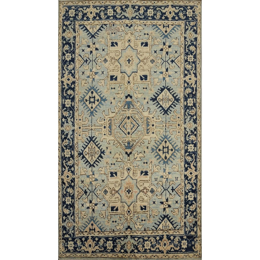 Hand Knotted Oriental Wool Carpet Transitional All-Over Navy Blue & Blues Oushak Area Rug - 7' 0'' X 3' 11''