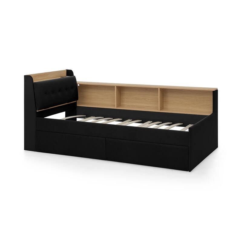 Twin Size Day Bed with Storage Headboard and Wireless Charging, Multi-functional Daybed with Two Storage Drawers & LED Lights