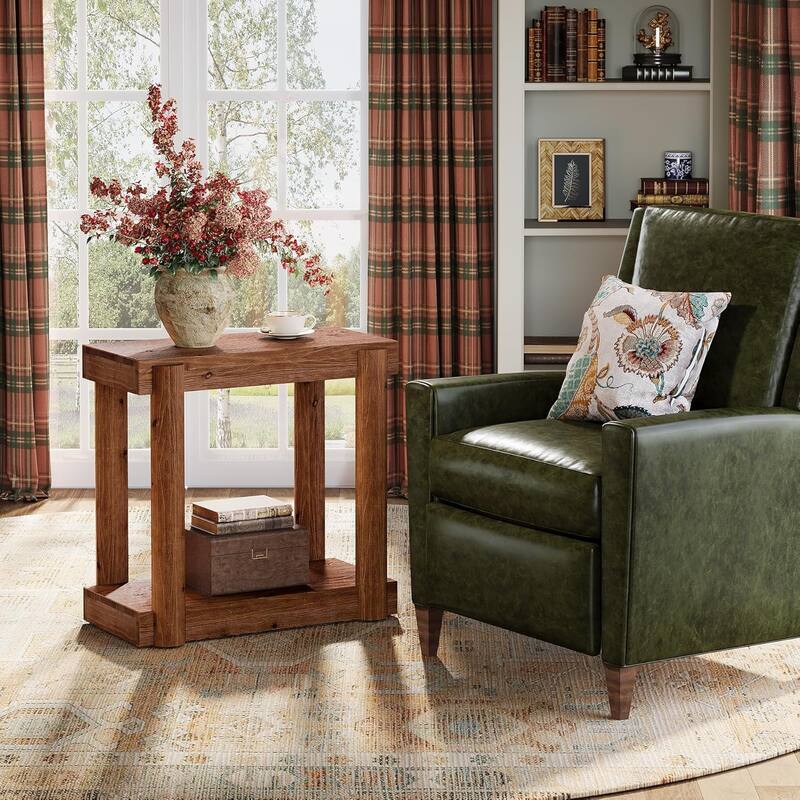 Solid Wood End Table, Modern Farmhouse Side Table with 2-Tier Storage Shelf - 25.6" L × 11.8" W × 25.6" H