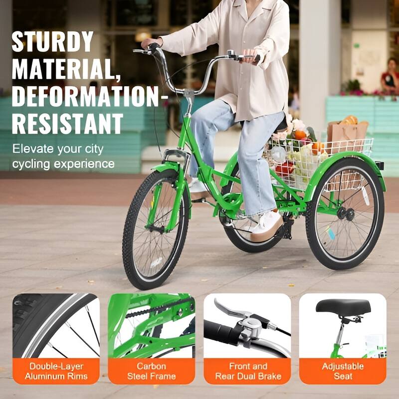24-Inch Folding Adult Tricycle, 7-Speed Carbon Steel 3-Wheel Bike with Basket - 70.9 x 29.9 x 45.9 in