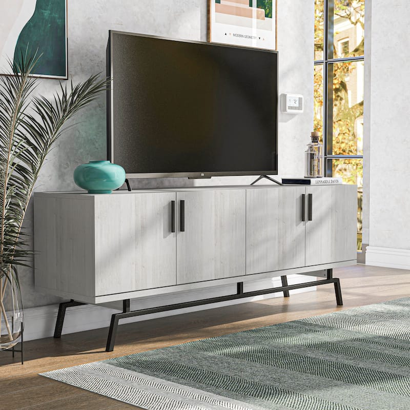 Adela Modern 60-inch Metal Base 4-Door Cabinet TV Stand - White Oak/Black
