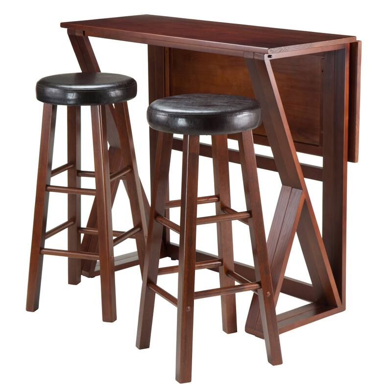 3-Pc Drop Leaf Table with Cushion Seat Bar Stools, Walnut and Espresso