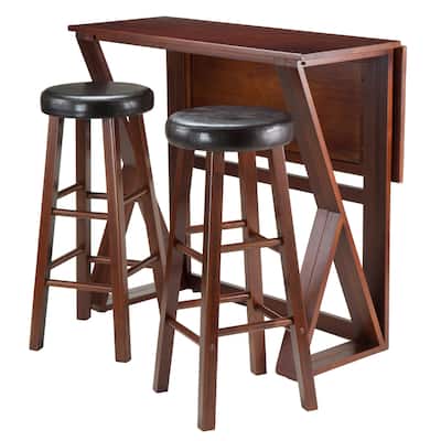 3-Pc Drop Leaf Table with Cushion Seat Bar Stools, Walnut and Espresso