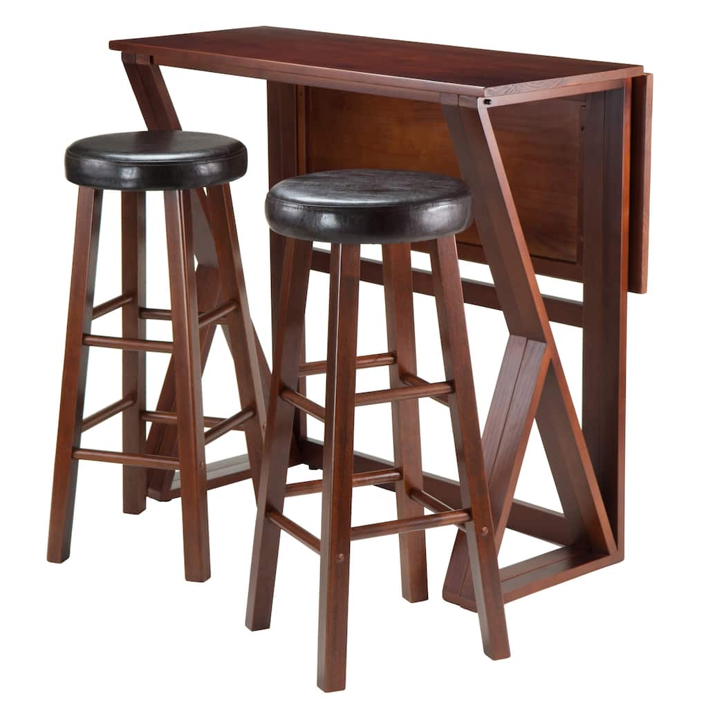 3-Pc Drop Leaf Table with Cushion Seat Bar Stools, Walnut and Espresso