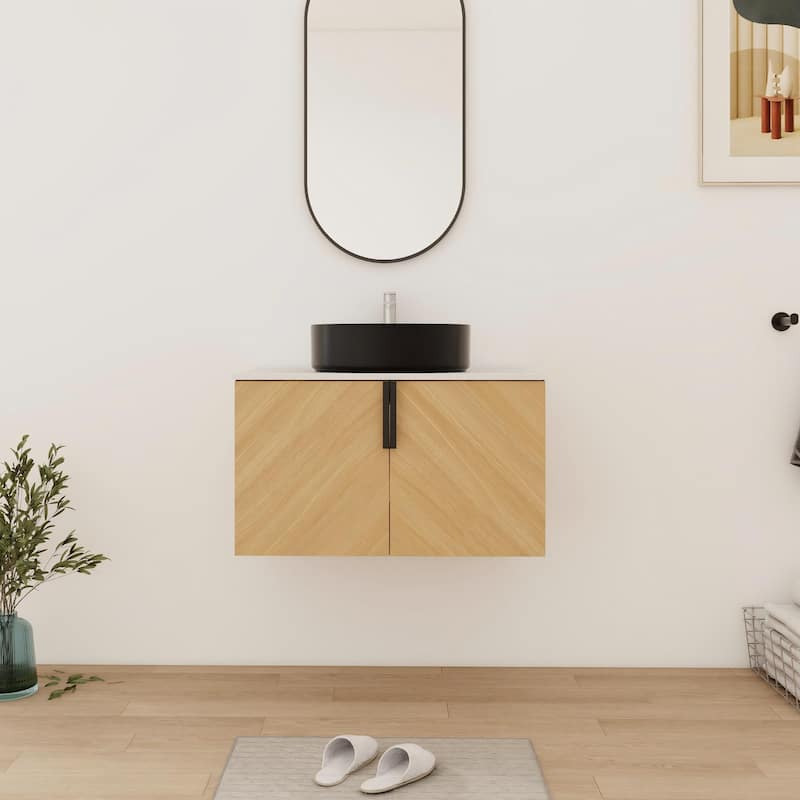 Bathroom Vanity With Sink In 30/36 Inch, Floating Bathroom Vanity With 2 Soft Close Doors - 29.5''W×18.88''D×21.8''H - Beige-Matt Black Sink