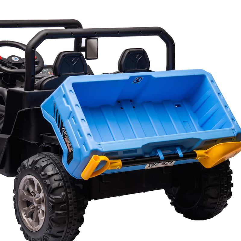 Realistic Children's Engineering Vehicle, Blue Electric Dump Truck with Extra Shovel, Electric Vehicle with Double Doors