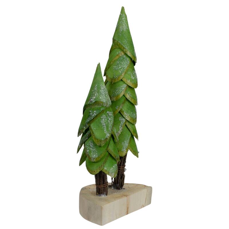Christmas Trees on a Wooden Base Decoration - 9" - Brown and Green