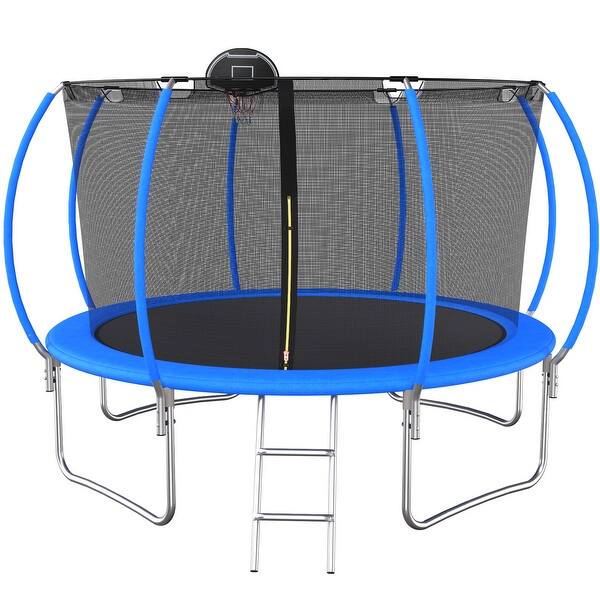 slide 2 of 9, Trampoline Outside Safety Net With Basketaball Hoop
