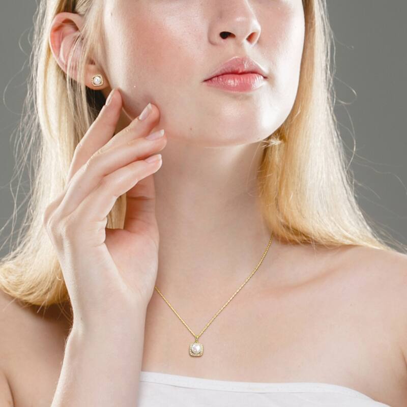 Miadora 7mm Cultured Freshwater Pearl 3/5ct TGW Created White Sapphire Jewelry Set 10k Yellow Gold