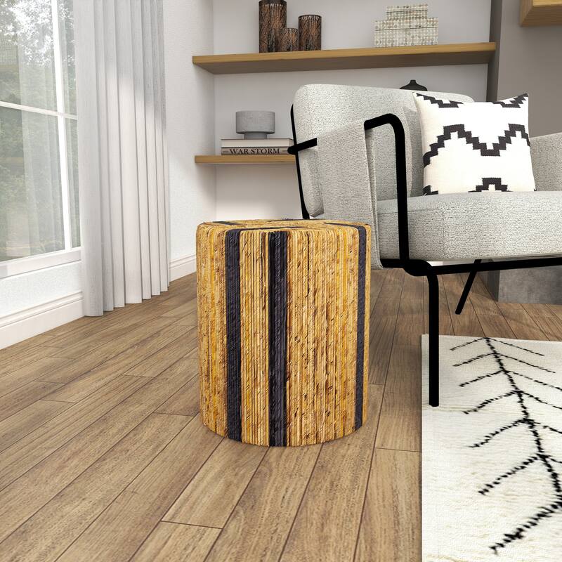 Brown Banana Leaf Handmade Linear Wrapped Accent Table with Navy Stripes