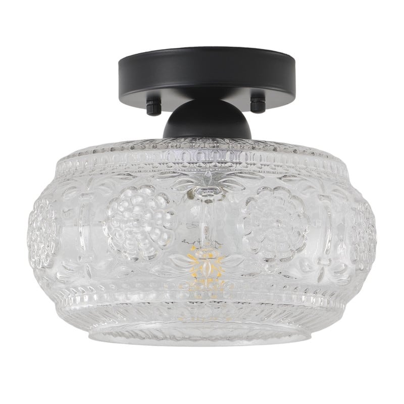 Modern Matte Black Painted Iron Clear Glass One Light Flush Mount Ceiling Light 9.45 Inch Diameter