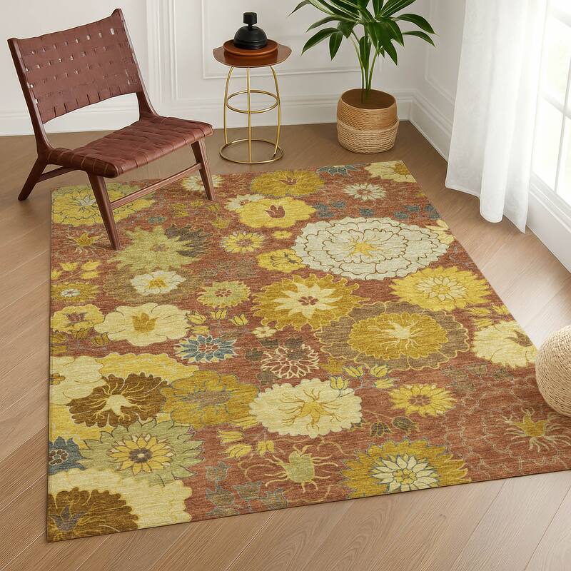 Machine Washable Indoor/ Outdoor Modern Floral Chantille Rug