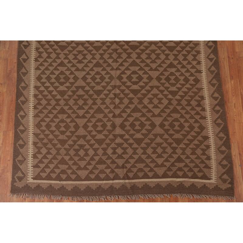 Hand Woven Oriental 100% Wool Carpet Southwestern Geometric Brown Kilim Area Rug - 9' 9'' X 6' 7''