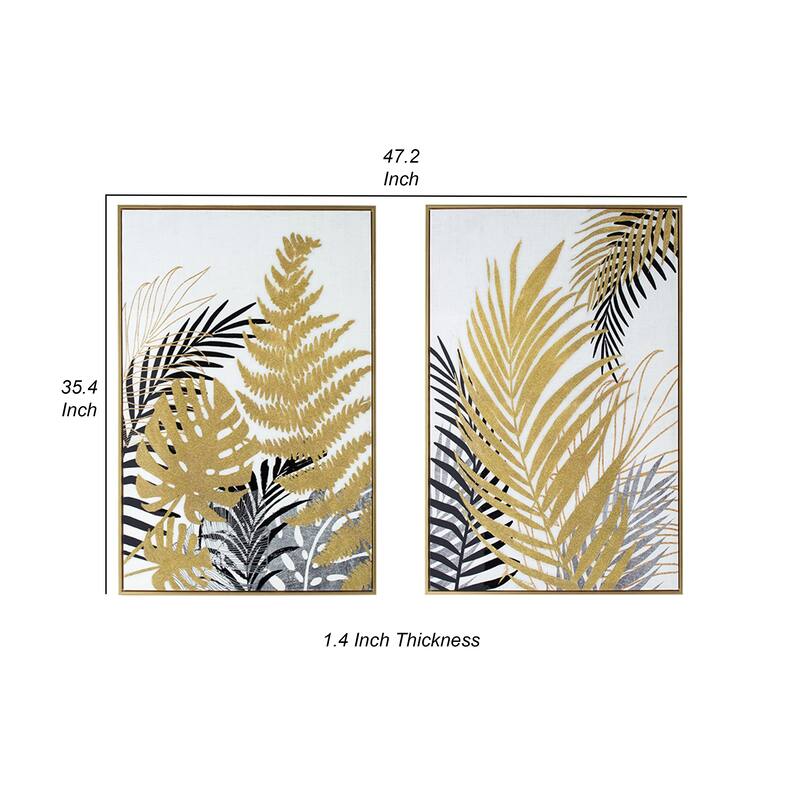 Nir 23 x 35 Set of 2 Palm Leaf Wall Art, Frame Decor, Black Gold, Gray Wood