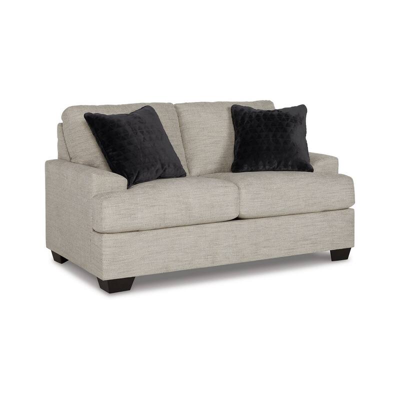 Roy 63 Inch Loveseat, 2 Throw Pillows, Angular Arms, Light Gray Polyester
