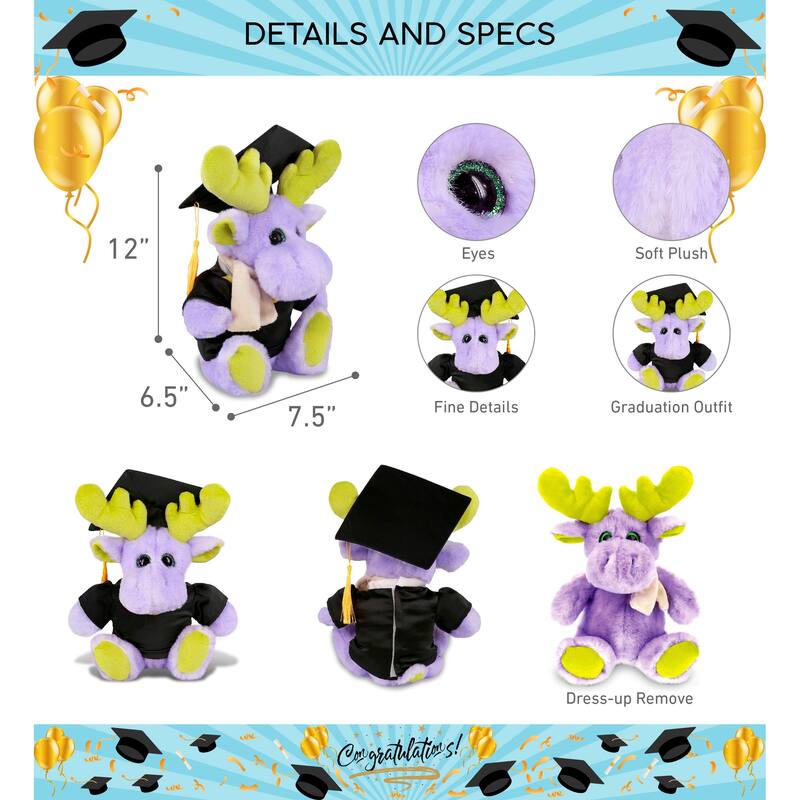 DolliBu Sitting Purple Moose Graduation Plush Toy with Gown and Cap - 12 inches