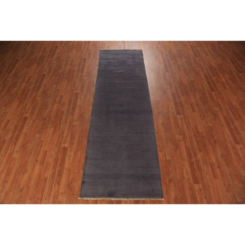 Modern Gray Gabbeh Runner Rug Hand-Knotted Grey Wool Carpet - 2'11" x 9'7"