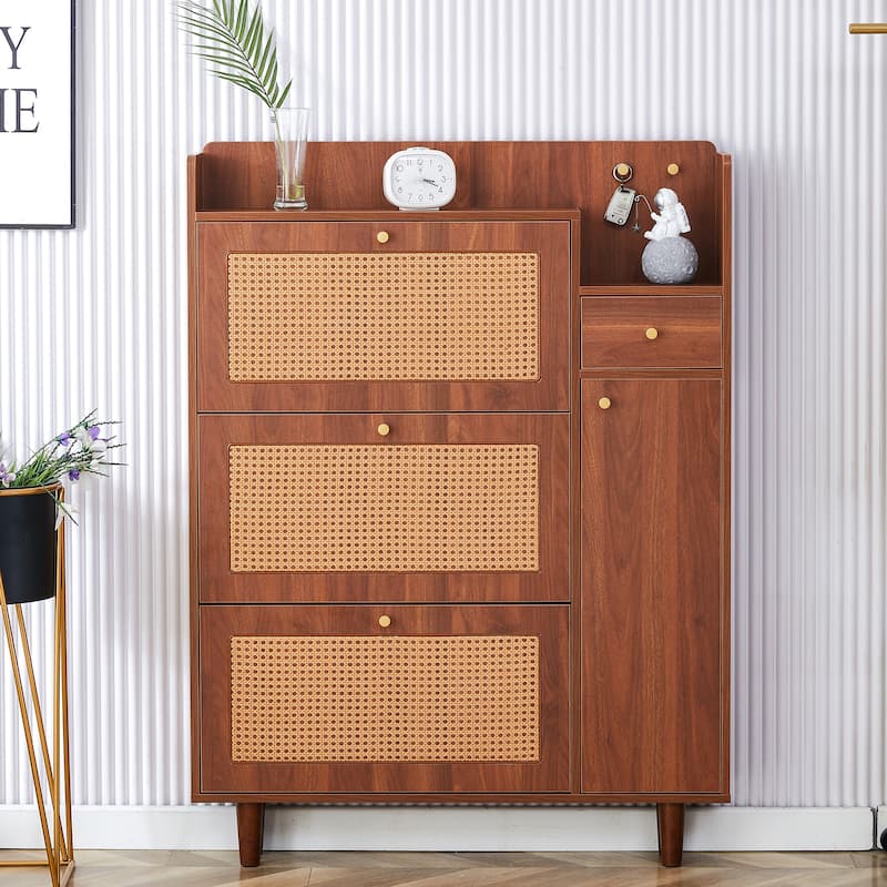 Shoe Cabinet with Rattan Doors, Entryway Slim Rattan Shoe Storage Cabinet with Flip Down Drawers & Shelves
