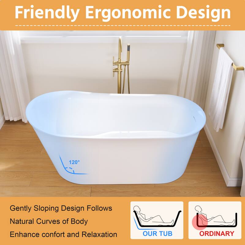 66'' W,73 GALLONS Freestanding Acrylic Soaking Bathtub With Drain And Overflow Holes