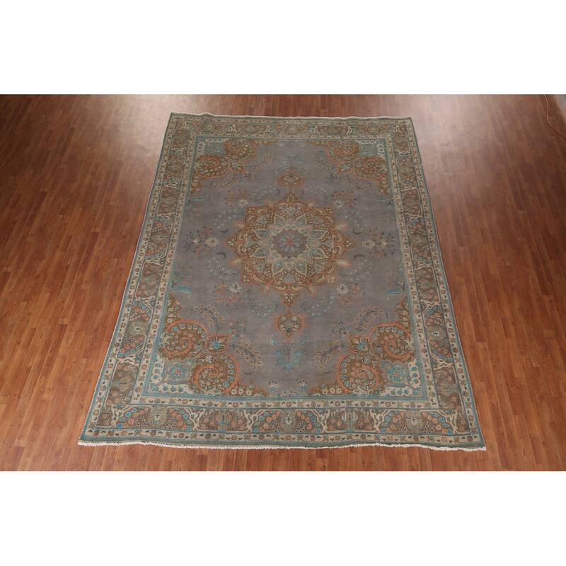 Tabriz Persian Vintage Rug Hand-Knotted Traditional Gray Wool Carpet - 9'5"x 12'4"