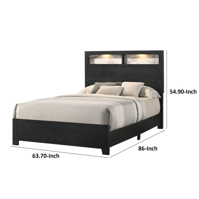 Yoh Queen Size Bed, Wood, Headboard with Lights and Shelves, Black