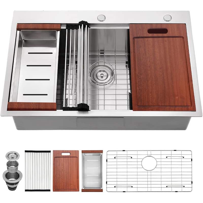 33x22 Drop In Stainless Steel Workstation Sink, 33 Inch 18-Gauge Stainless Steel Drop-In Kitchen Sink