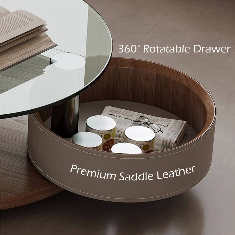 31.5" Modern Multifunctional Rotating Coffee Table, Faux Marble Glossy Table top, Saddle Leather Swivel Drawer