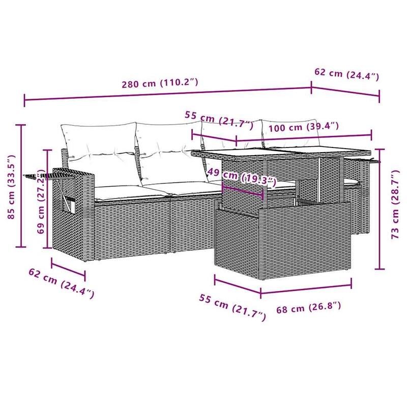 vidaXL Patio Sofa Set with Cushions Outdoor Furniture 7 Piece Poly Rattan - 24.4 x 24.4 x 27.2