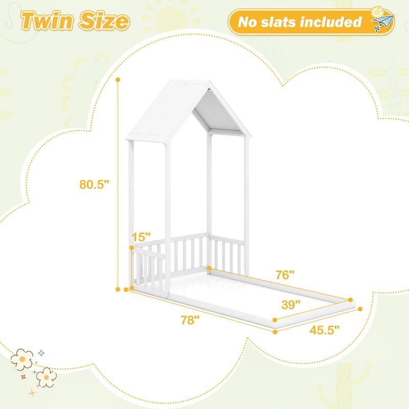Twin Size Wooden Montessori Floor Bed with House Shape Frame and Semi-Fence Railings for Kids Room