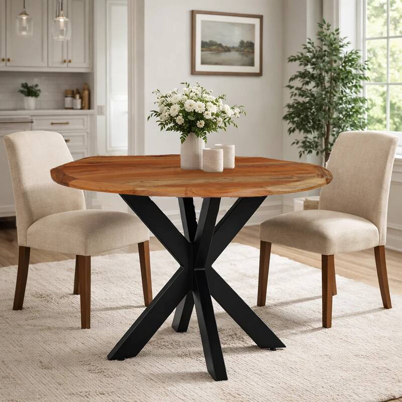 Kuri 41 Inch Handcrafted Live Edge Round Dining Table with a Natural Brown Acacia Wood Top and Black Iron Legs