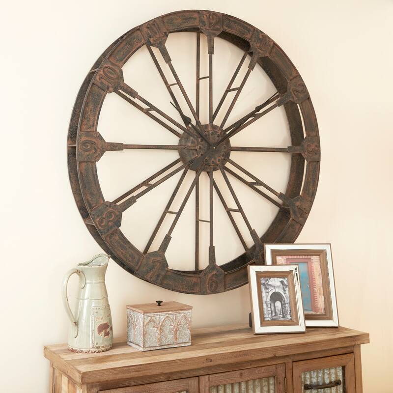 Metal Wheel Wall Clock - Brown - Roche River Decor - 5"W x 48"L x 48"H