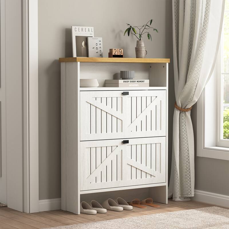 Multi-Functional Modern Minimalist Natural The Upper And Lower Folding Four-Layer Mdf Shoe Cabinet, 31.5*9.5*42.3 Inches - White