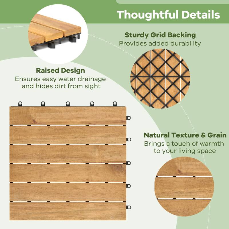 Costway 30 PCS Acacia Wood Flooring Tiles 12" x 12" Snap-in-place - See Details