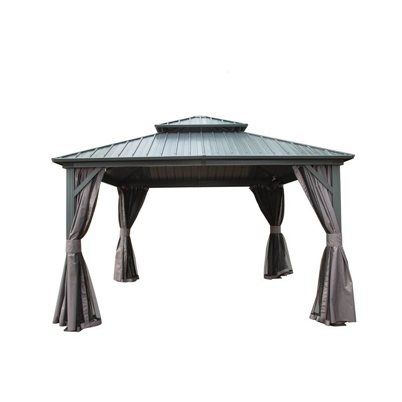 12' x 12' Outdoor Aluminum Hardtop Gazebo with Galvanized Steel Double Roof with Curtain and Netting - Grey