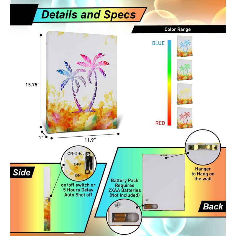 CoTa Global Palm Tree Light Up LED Wall Art - Fun Changing Color LED - 15.75Lx11.9Wx1H inches