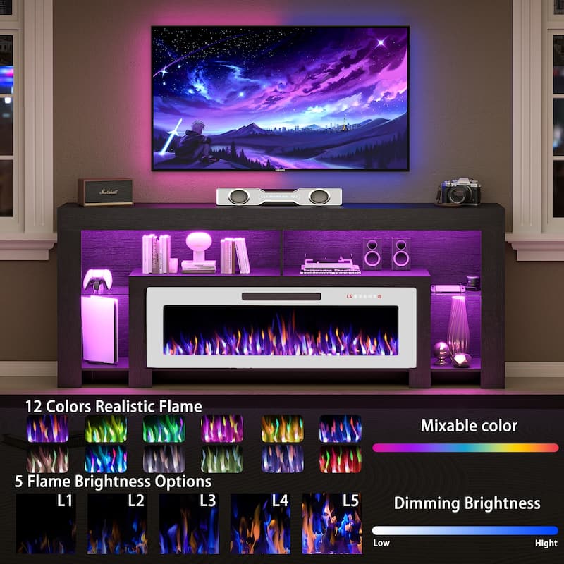 BOSSIN 82" Electric Fireplace TV Stand Entertainment Center, High Gloss with LED Lights, Holds TVs Up to 90 Inches, White