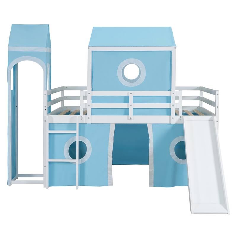 Solid Wood Loft House Bed with Slide Tent, Tower, Ladder, and Fence Baffle for Bedroom