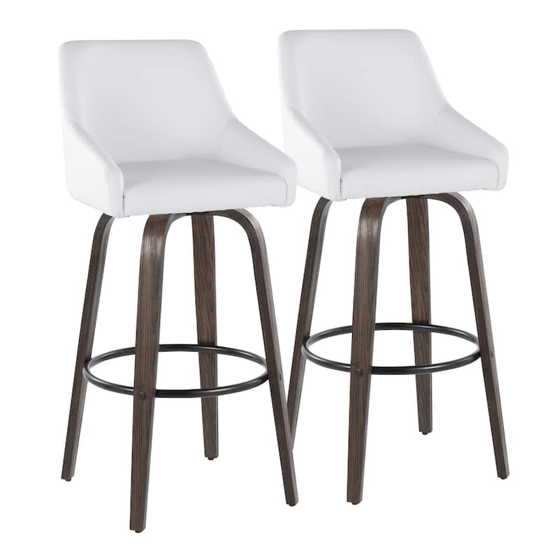The Gray Barn Hadley 30" Fixed-Height Bar Stool with Bent Wood Legs & Round Footrest (Set of 2) - White Faux Leather/Glazed Walnut/Black Metal