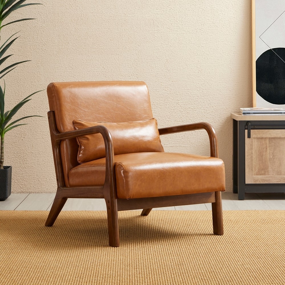 Glitzhome 30.75"H Mid-Century Modern PU Leather Armchair Accent Chair with Pillow - 25.75"W x 33.75"D x 30.75"H